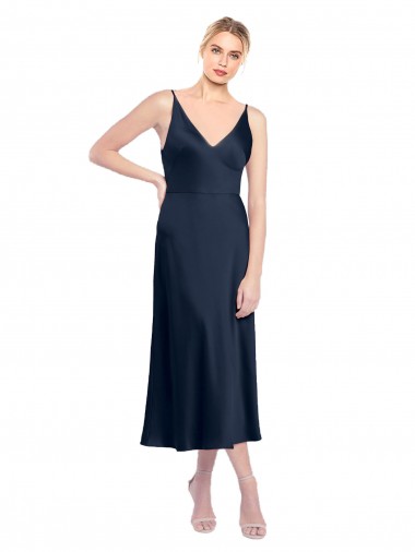 Buy V-Neck Midi Length Short Cocktail Formal Stretch Satin Bridesmaid Dress / Prom Dress V-Back UK