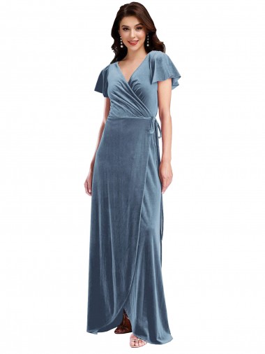 Buy Flutter Sleeve Velvet Wrap Maxi Bridesmaid Dress / Prom Dress with Pockets UK