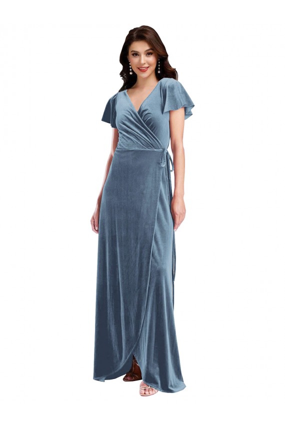 Buy Flutter Sleeve Velvet Wrap Maxi Bridesmaid Dress / Prom Dress with Pockets UK